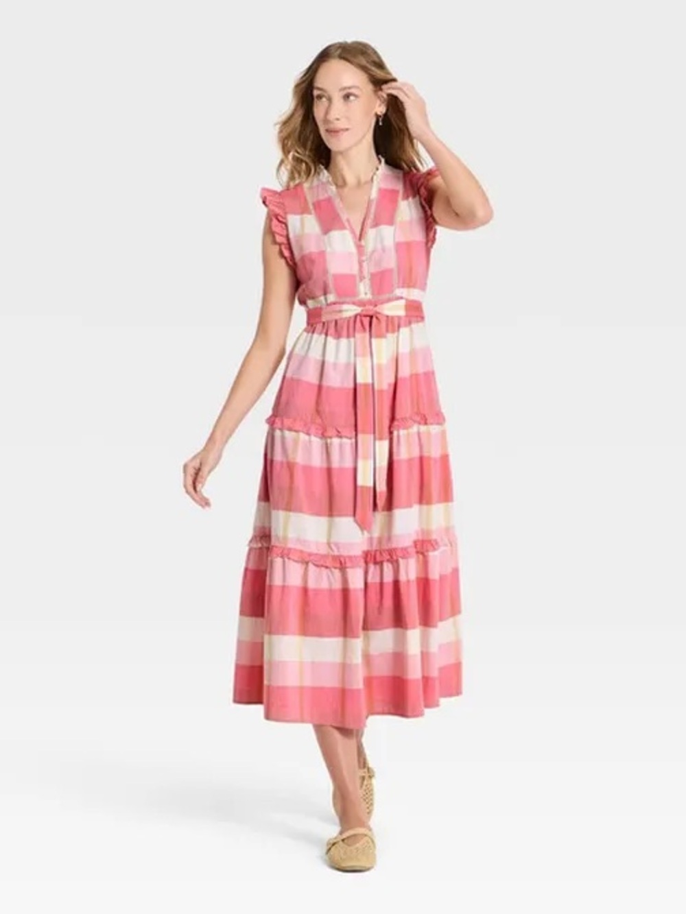 Universal tread Striped plaid Pink Tiered Midi Dress with Tie Waist